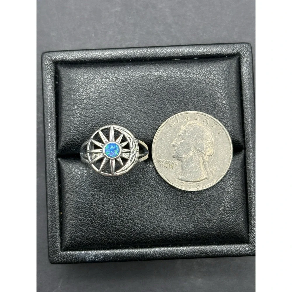 New Condition Sterling Silver Lab Blue Opal Sun Moon Ring Size 7 G29